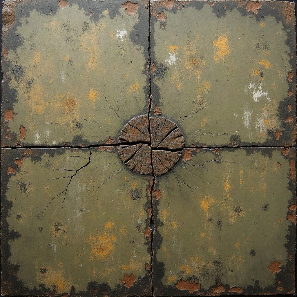 grunge pfp — cracked concrete texture with spray paint mark, dark olive and rust, photocopy grain