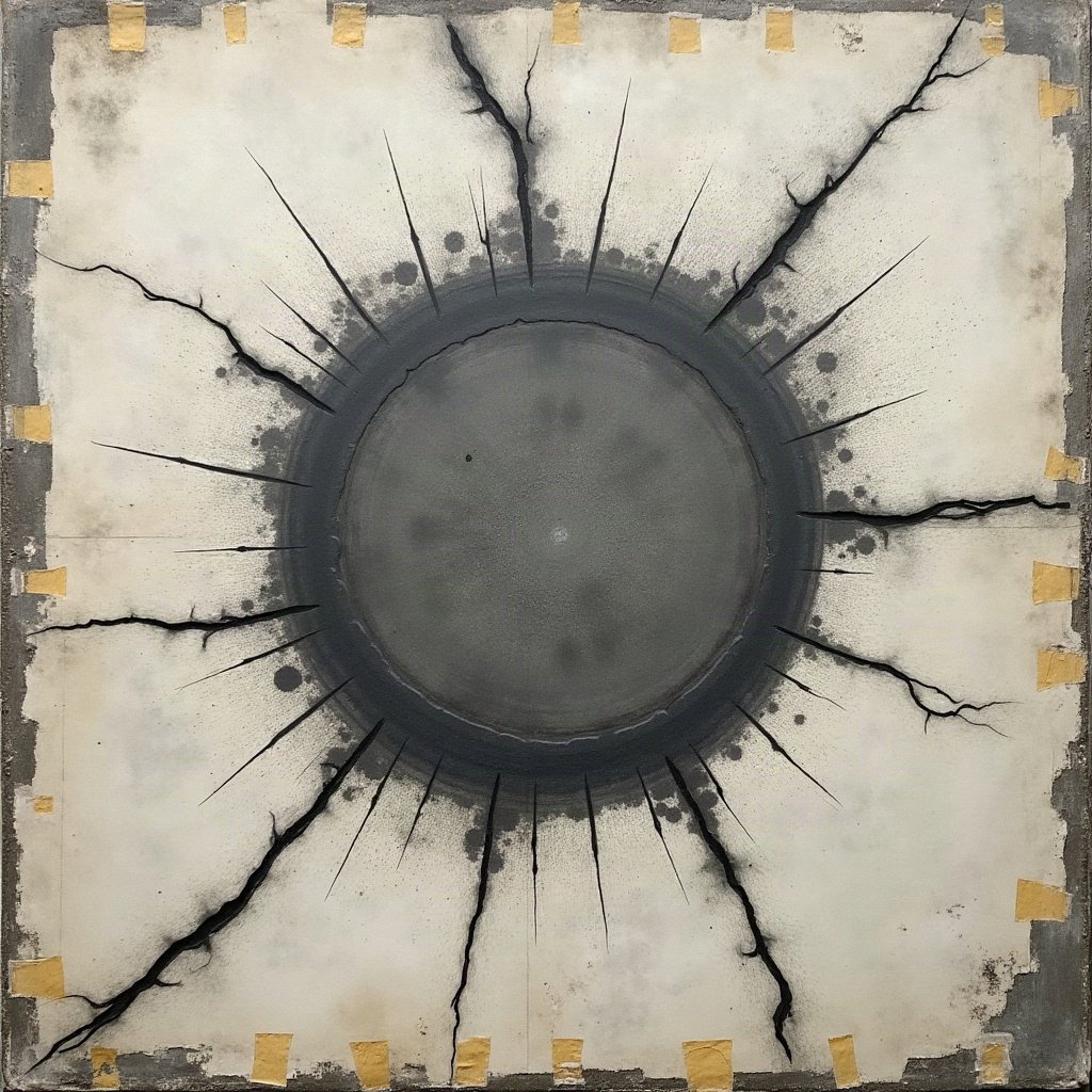 grunge pfp — cracked concrete texture with spray paint mark, charcoal and faded newsprint, tape marks and creases