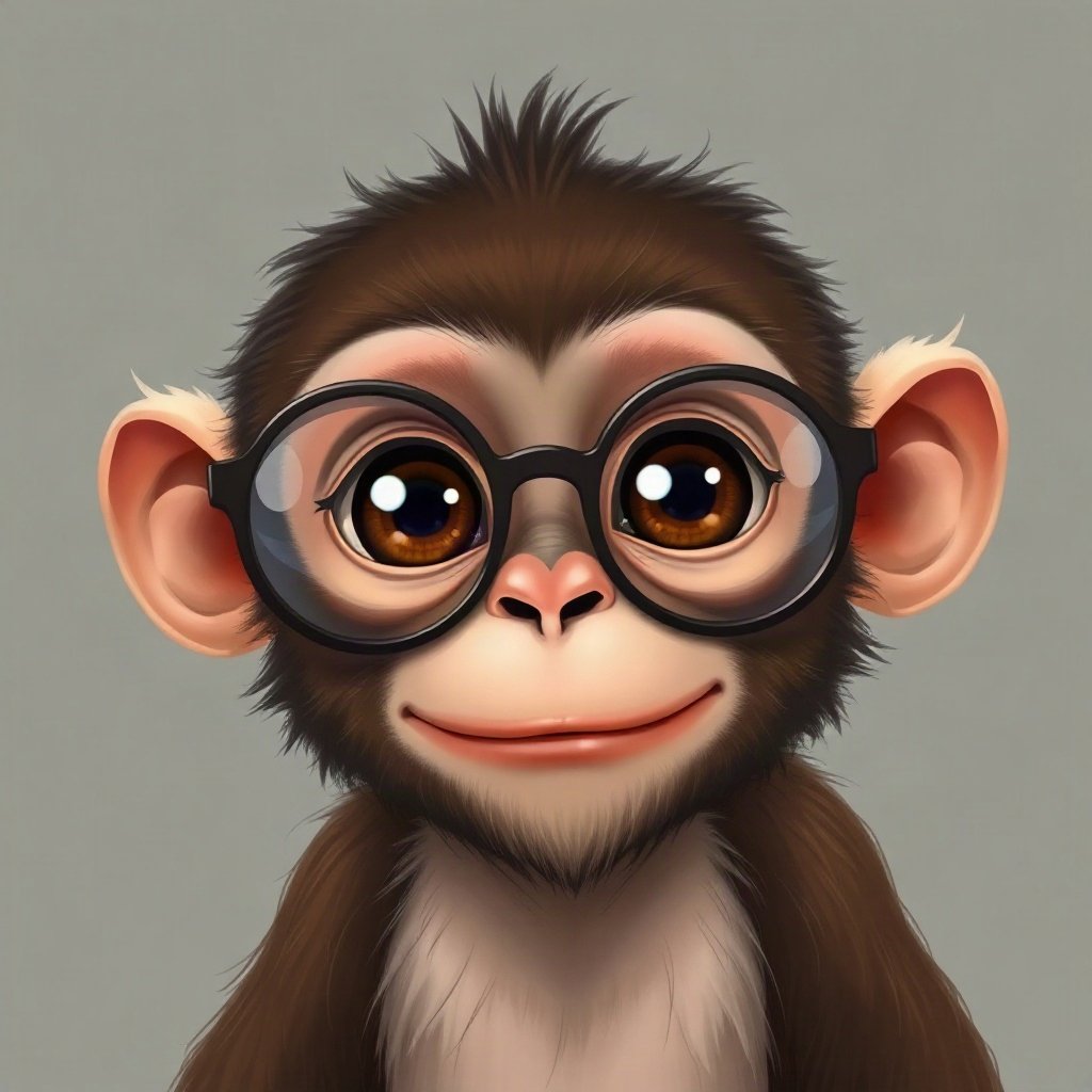 Monkey PFPs — baby monkey with huge eyes, digital painting, with round glasses