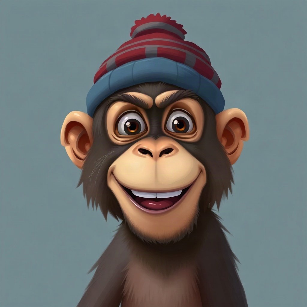 Monkey PFPs — laughing monkey, digital painting, wearing a beanie