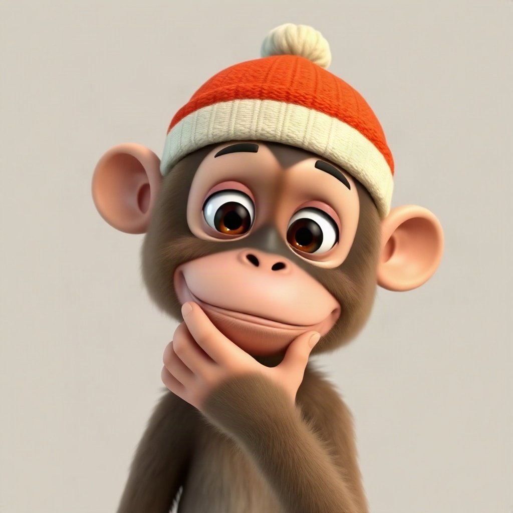 Monkey PFPs — thoughtful monkey chin on hand, soft 3d render, wearing a beanie