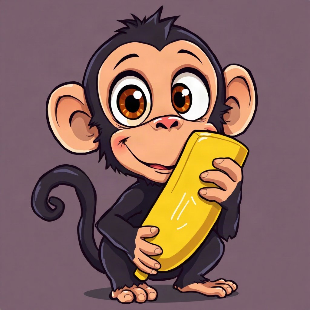 Monkey PFPs — baby monkey with huge eyes, bold cartoon style, holding a banana like a phone