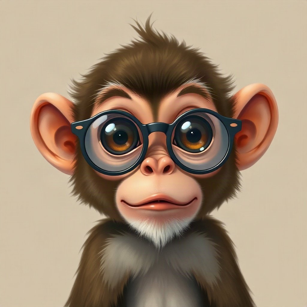 Monkey PFPs — baby monkey with huge eyes, digital painting, with round glasses