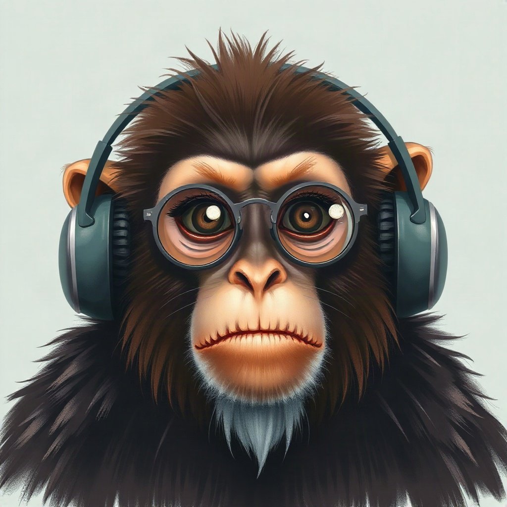 Monkey PFPs — chill monkey with headphones, digital painting, with round glasses