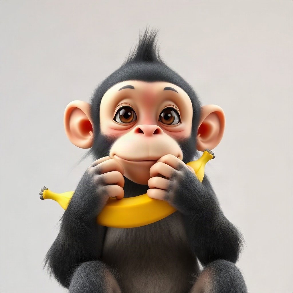Monkey PFPs — thoughtful monkey chin on hand, soft 3d render, holding a banana like a phone