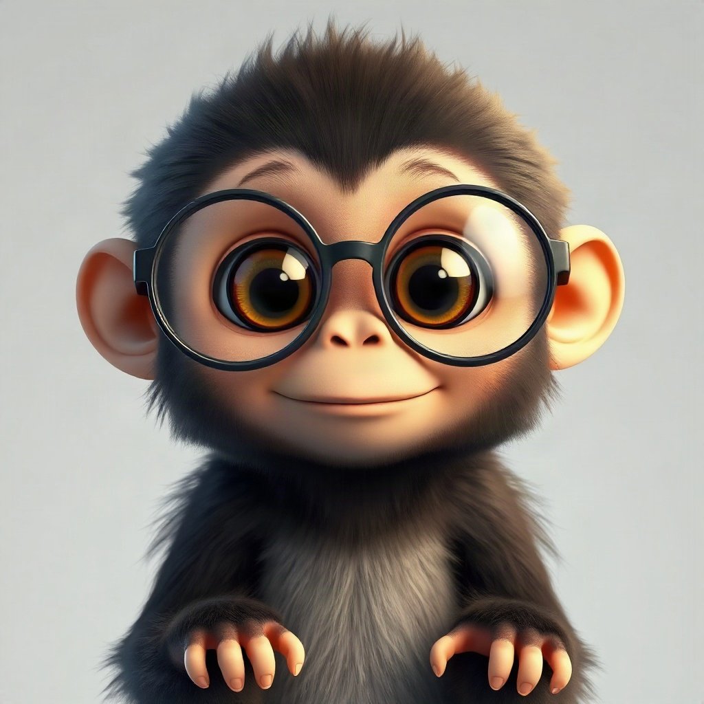 Monkey PFPs — baby monkey with huge eyes, soft 3d render, with round glasses