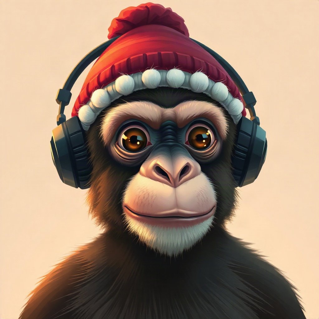 Monkey PFPs — chill monkey with headphones, digital painting, wearing a beanie