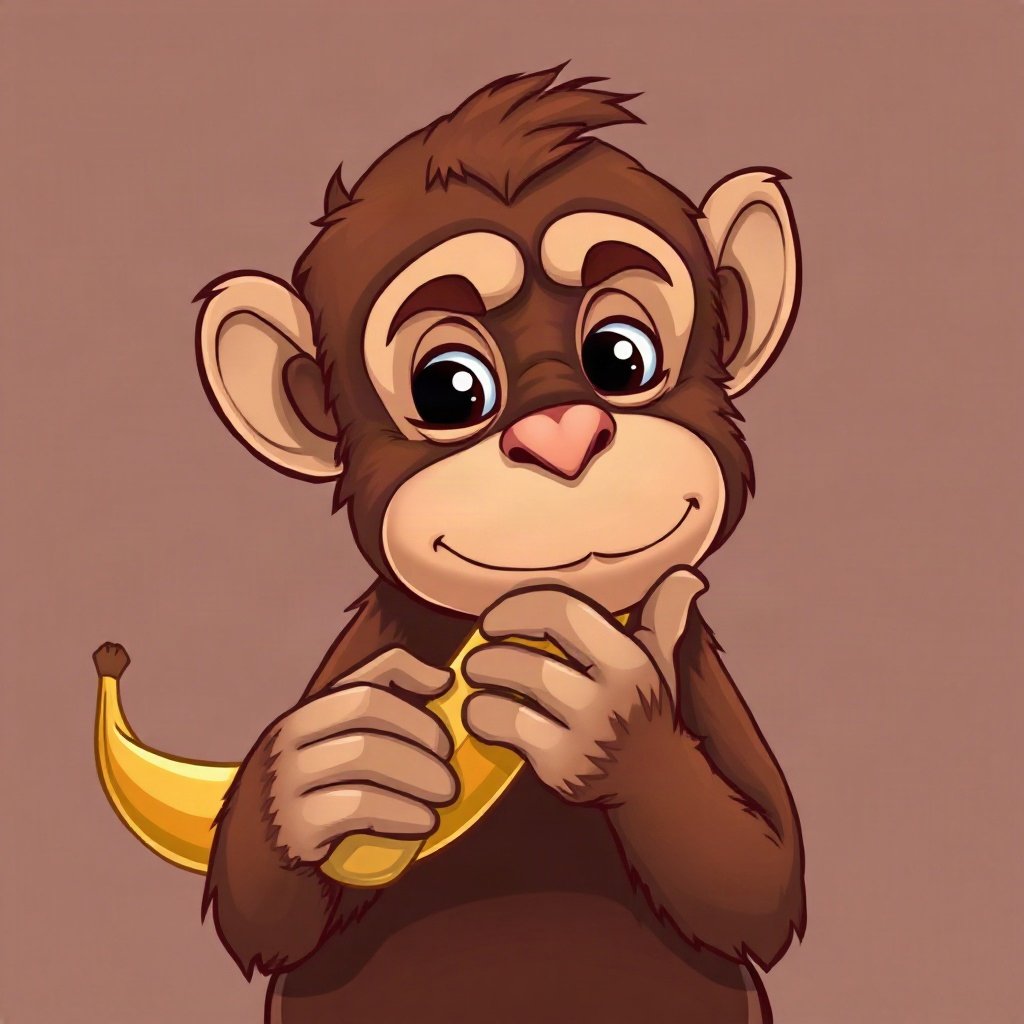 Monkey PFPs — thoughtful monkey chin on hand, bold cartoon style, holding a banana like a phone