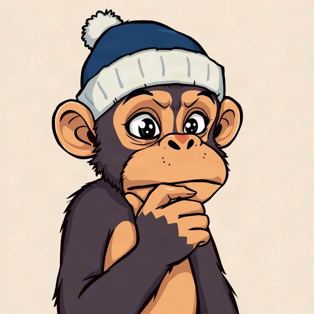 Monkey PFPs — thoughtful monkey chin on hand, bold cartoon style, wearing a beanie