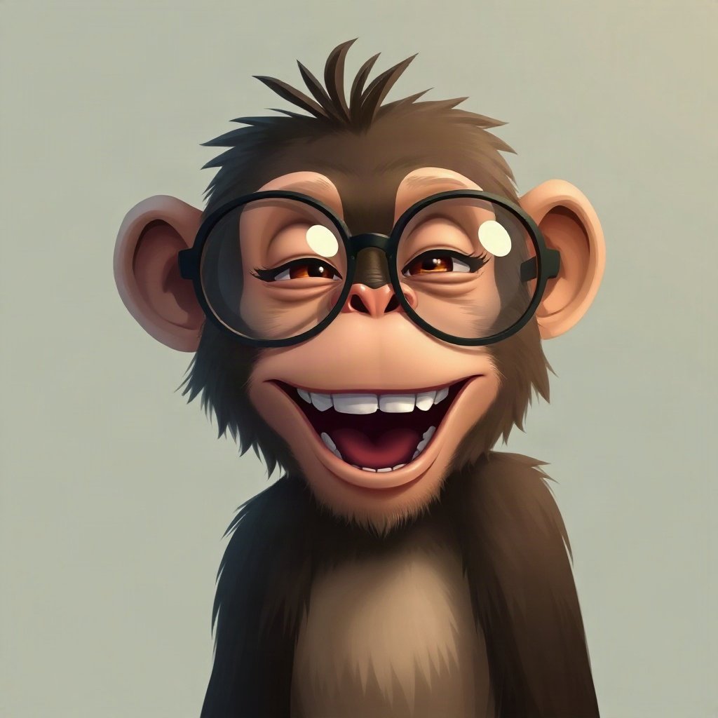 Monkey PFPs — laughing monkey, digital painting, with round glasses