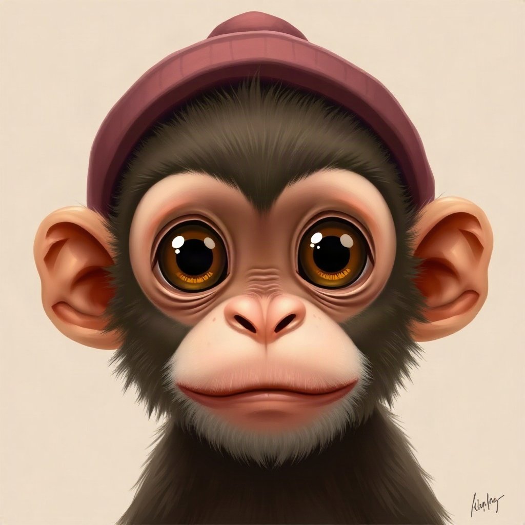 Monkey PFPs — baby monkey with huge eyes, digital painting, wearing a beanie