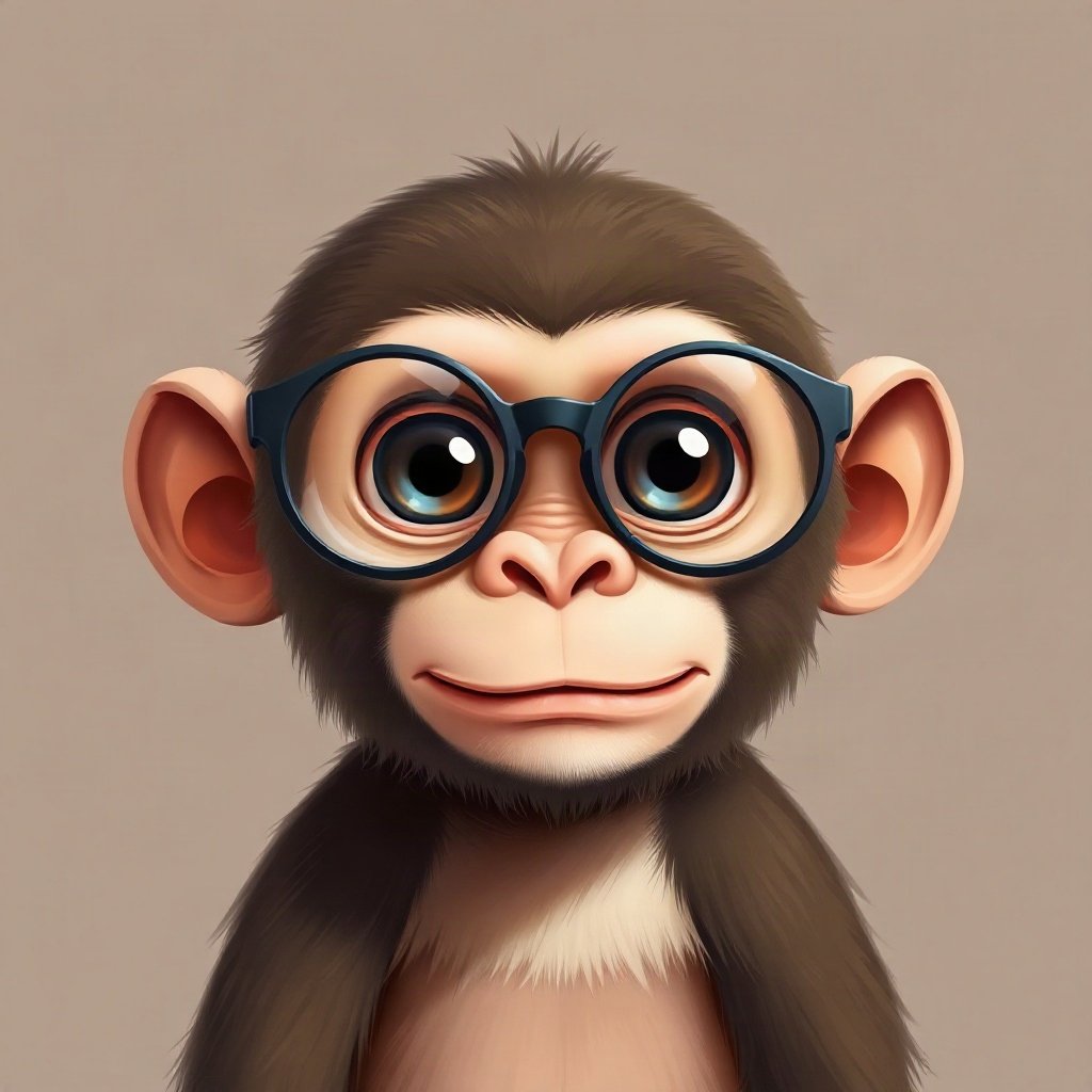 Monkey PFPs — baby monkey with huge eyes, digital painting, with round glasses