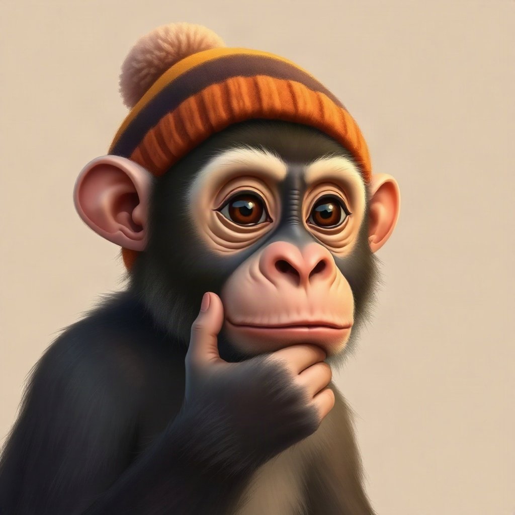 Monkey PFPs — thoughtful monkey chin on hand, digital painting, wearing a beanie