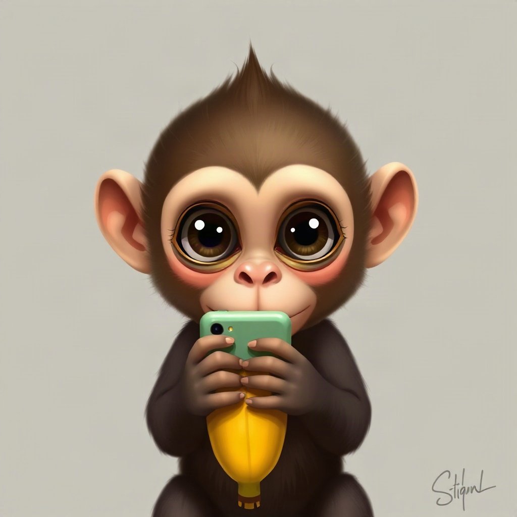 Monkey PFPs — baby monkey with huge eyes, digital painting, holding a banana like a phone