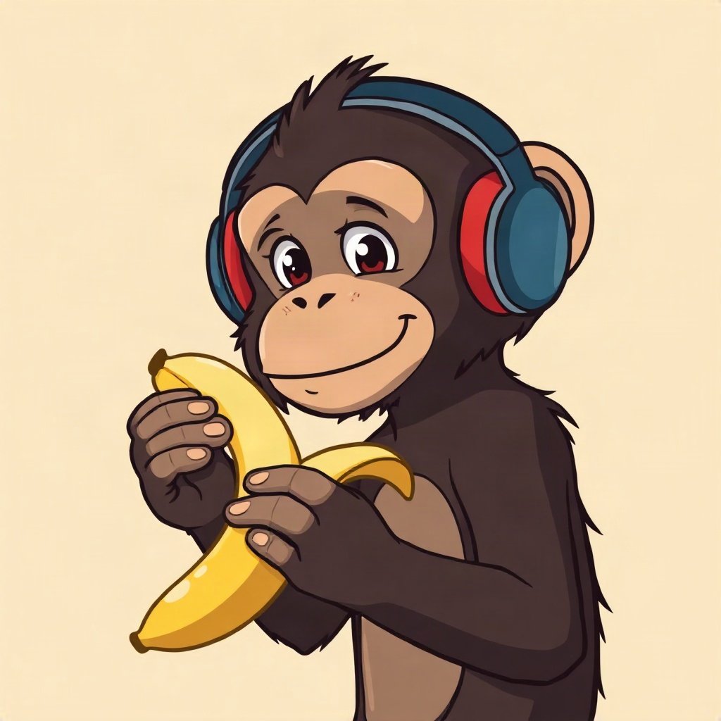 Monkey PFPs — chill monkey with headphones, bold cartoon style, holding a banana like a phone