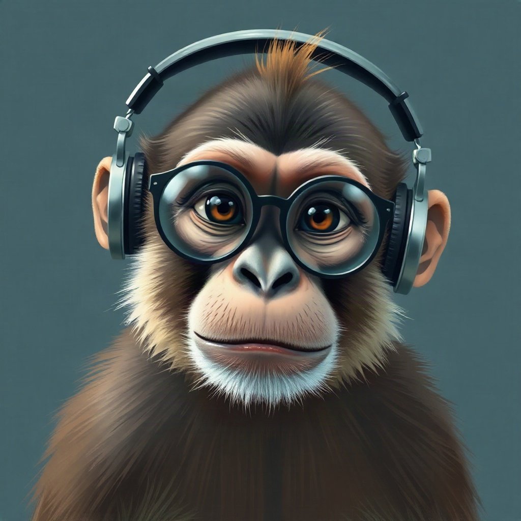 Monkey PFPs — chill monkey with headphones, digital painting, with round glasses