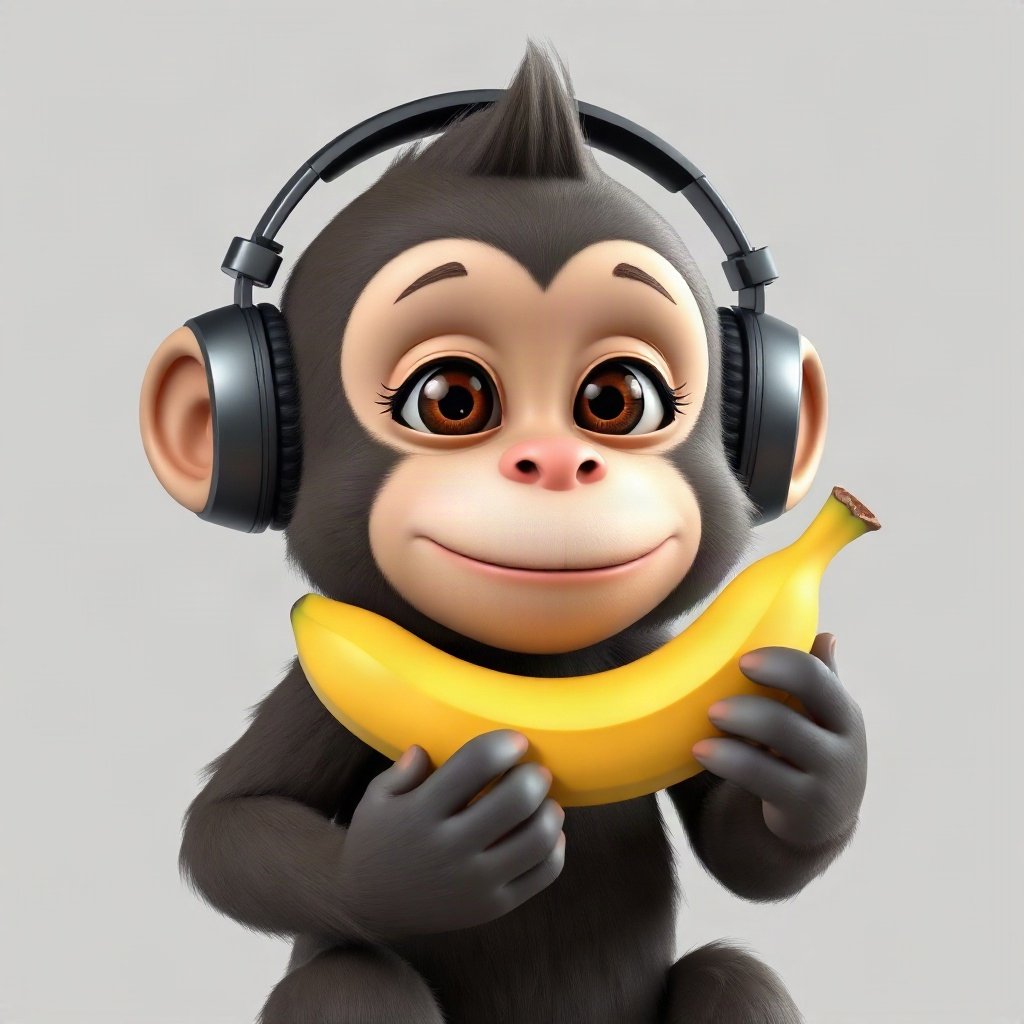 Monkey PFPs — chill monkey with headphones, soft 3d render, holding a banana like a phone