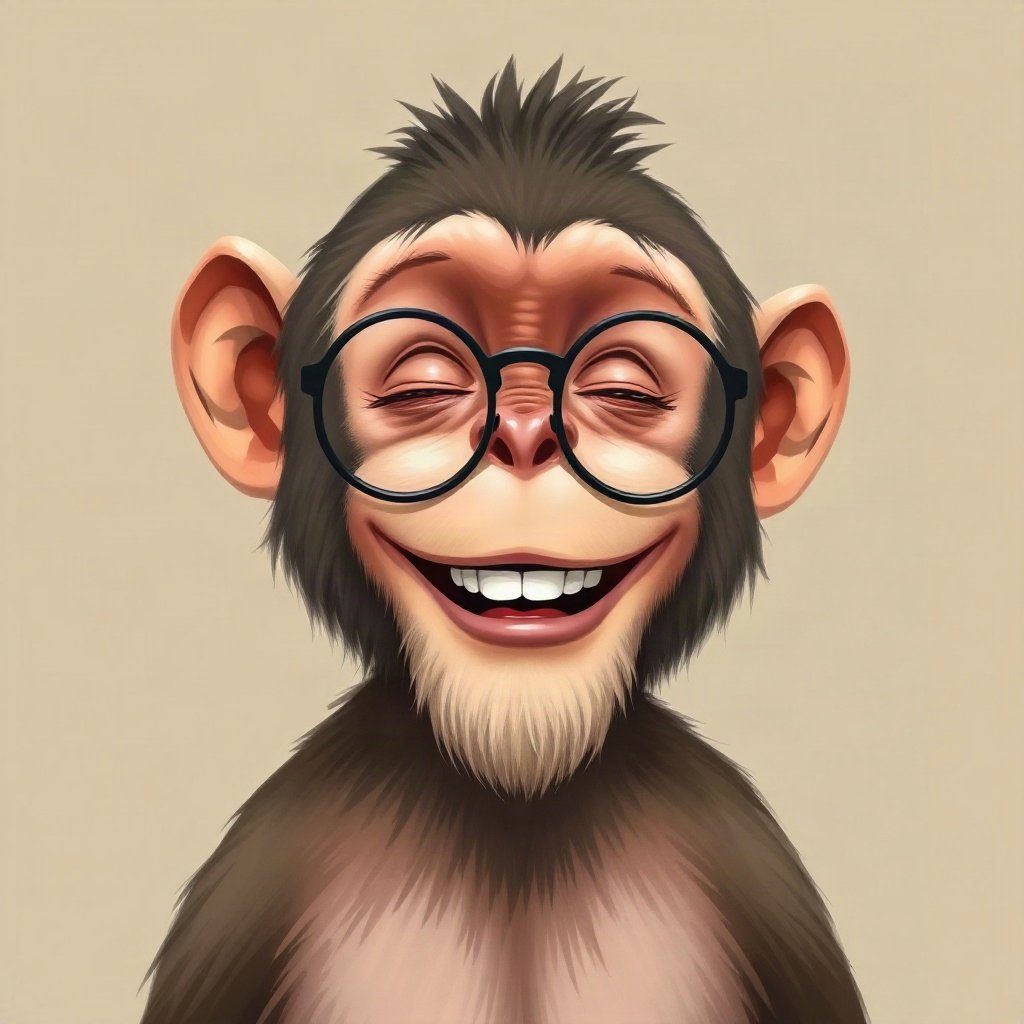 Monkey PFPs — laughing monkey, digital painting, with round glasses