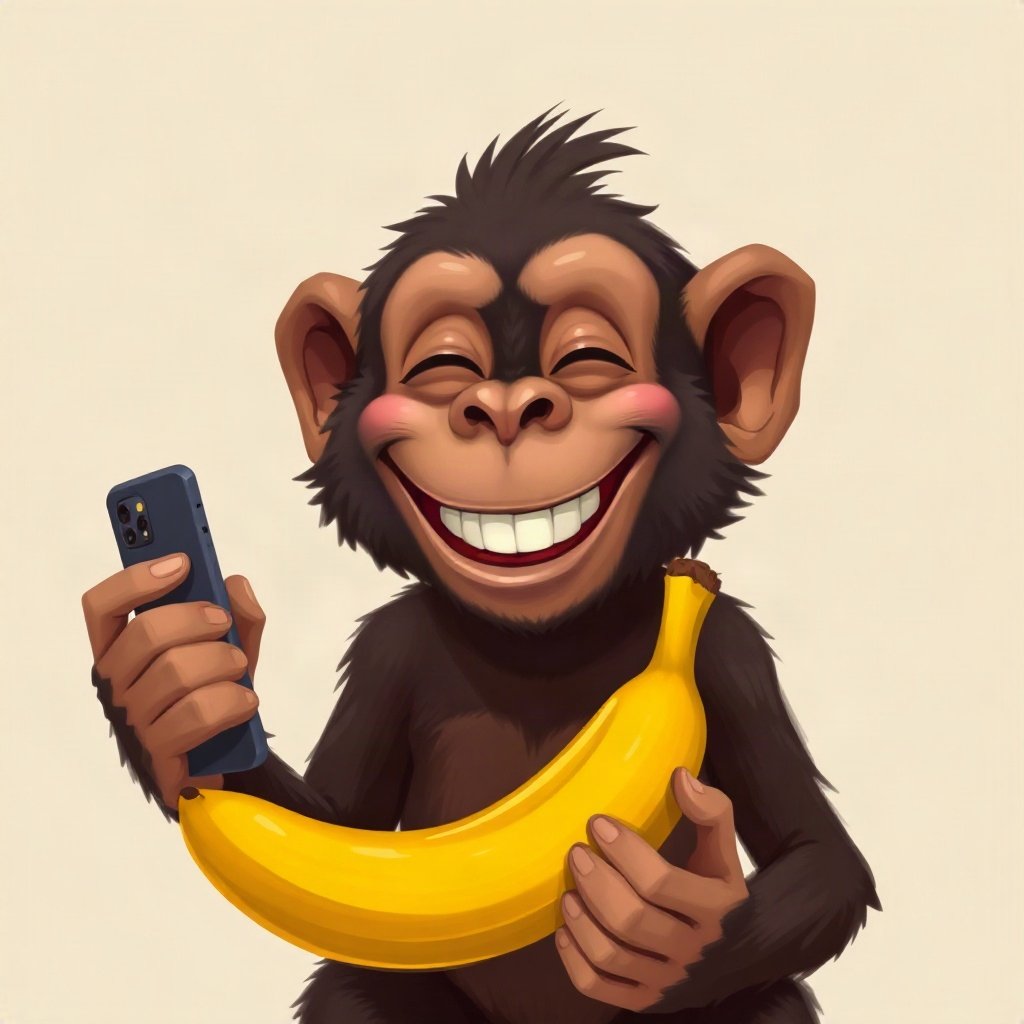 Monkey PFPs — laughing monkey, digital painting, holding a banana like a phone