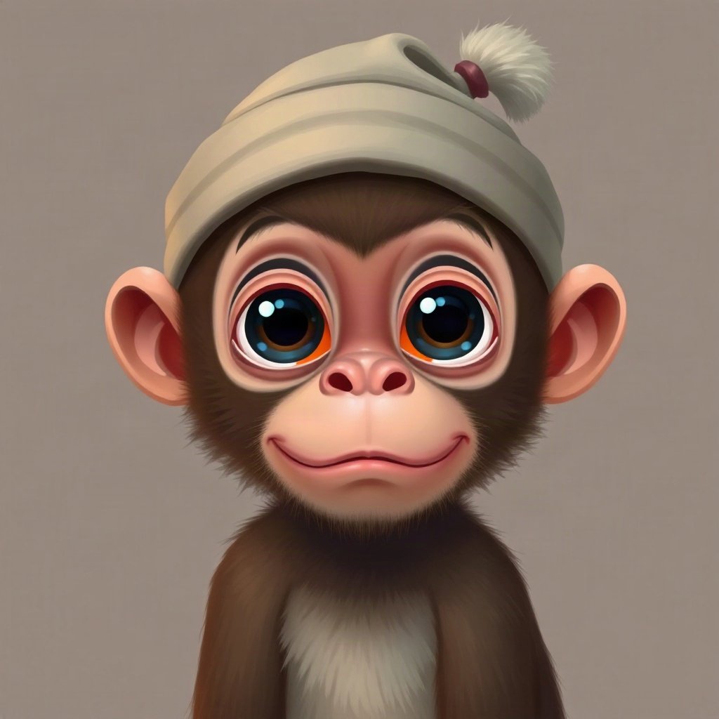 Monkey PFPs — baby monkey with huge eyes, digital painting, wearing a beanie