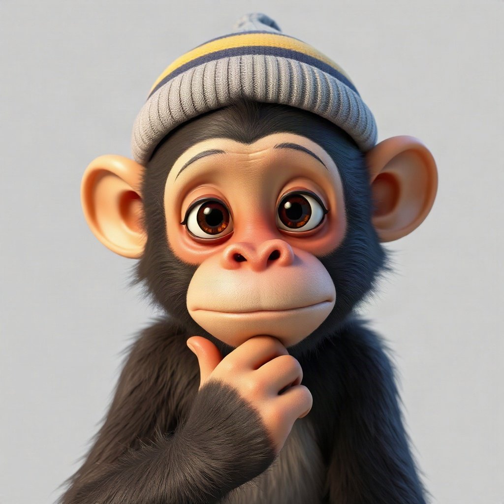 Monkey PFPs — thoughtful monkey chin on hand, soft 3d render, wearing a beanie