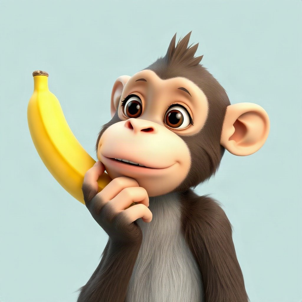 Monkey PFPs — thoughtful monkey chin on hand, soft 3d render, holding a banana like a phone