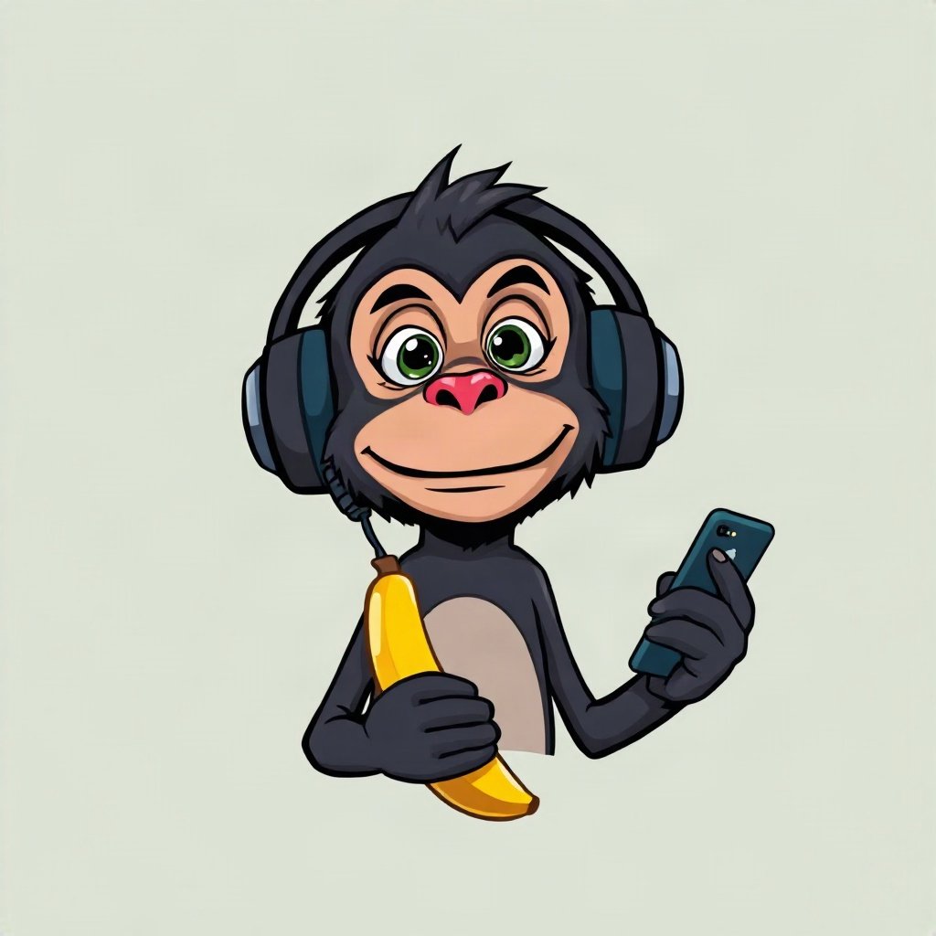 Monkey PFPs — chill monkey with headphones, bold cartoon style, holding a banana like a phone