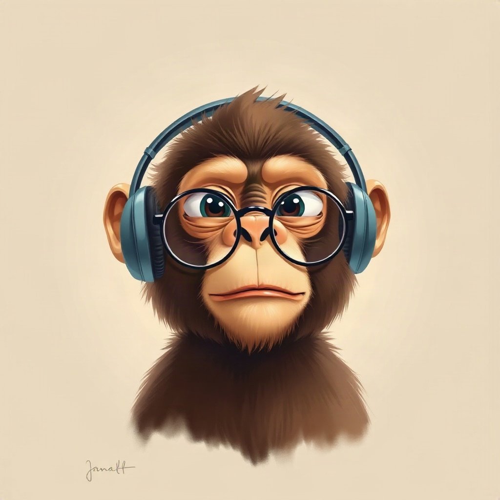 Monkey PFPs — chill monkey with headphones, digital painting, with round glasses