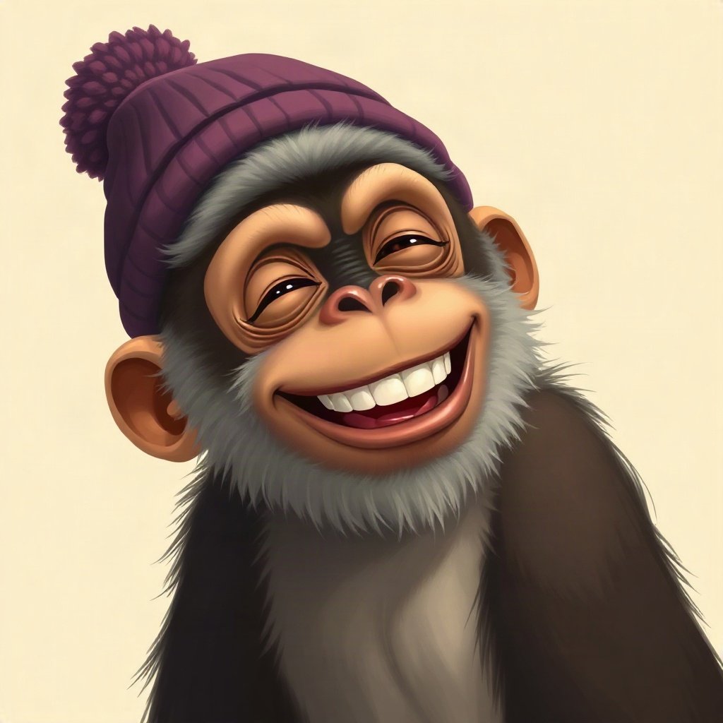 Monkey PFPs — laughing monkey, digital painting, wearing a beanie