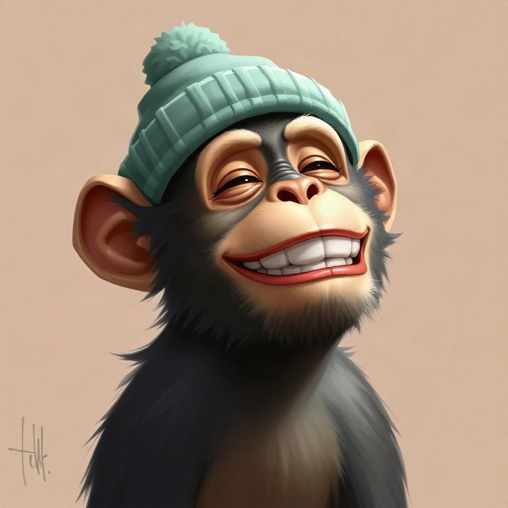 Monkey PFPs — laughing monkey, digital painting, wearing a beanie
