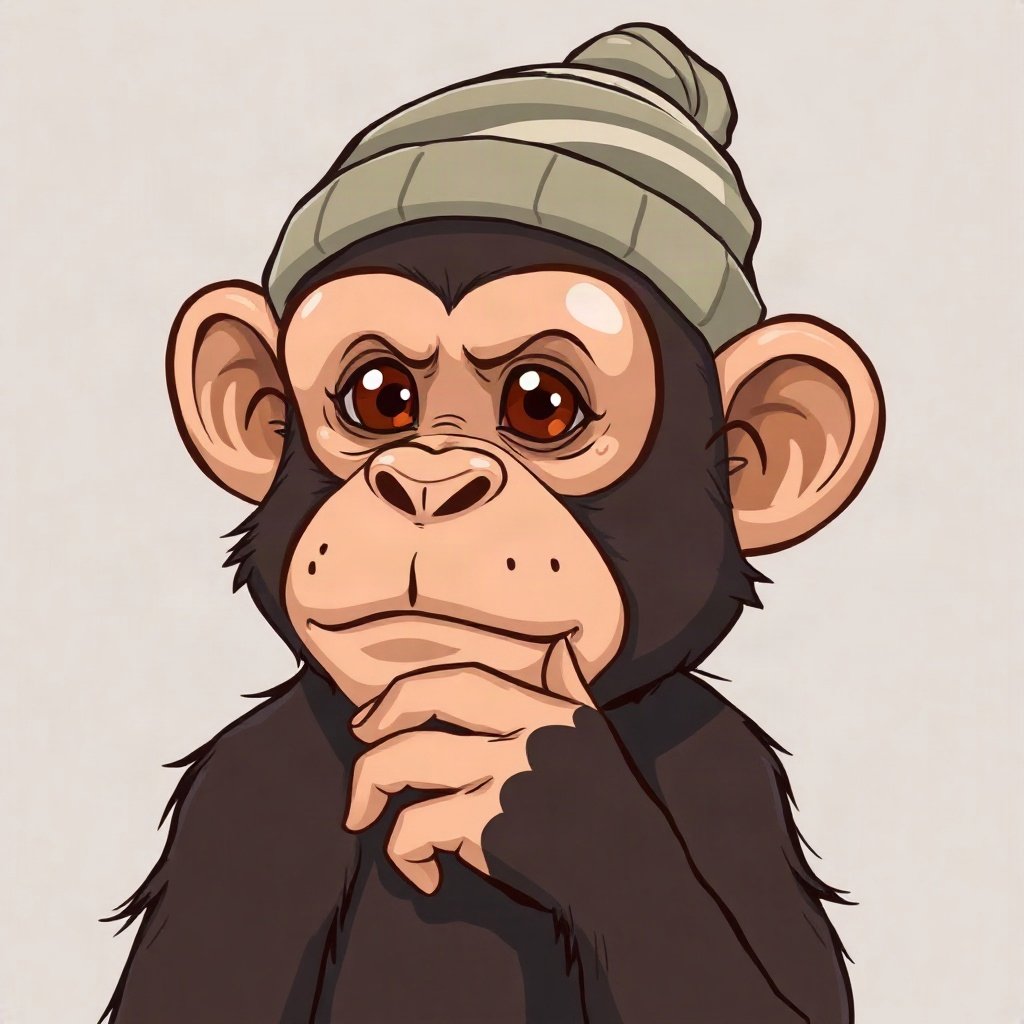 Monkey PFPs — thoughtful monkey chin on hand, bold cartoon style, wearing a beanie