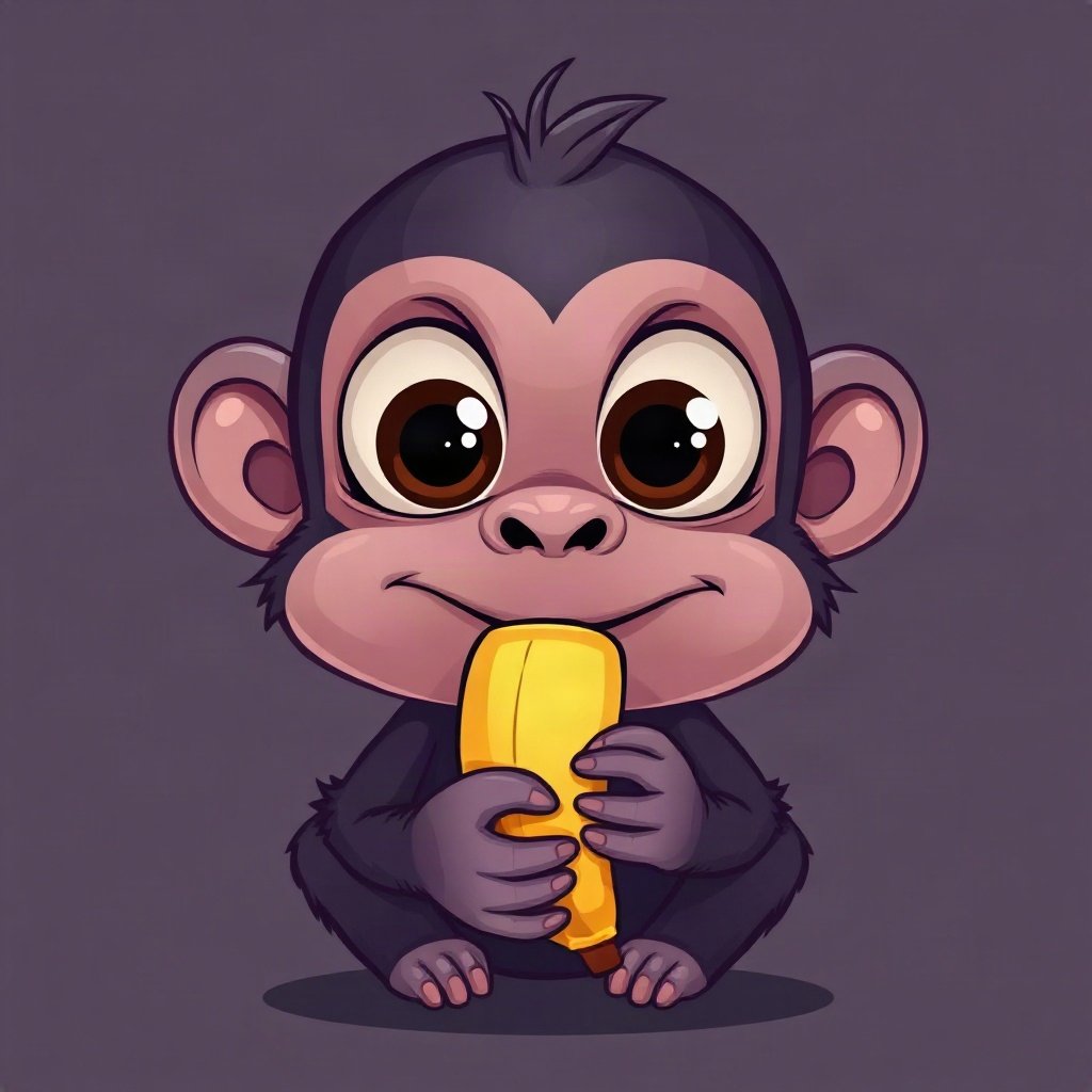 Monkey PFPs — baby monkey with huge eyes, bold cartoon style, holding a banana like a phone