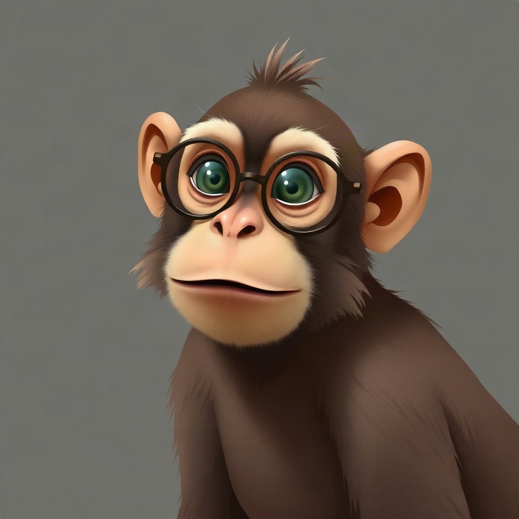 Monkey PFPs — thoughtful monkey chin on hand, digital painting, with round glasses