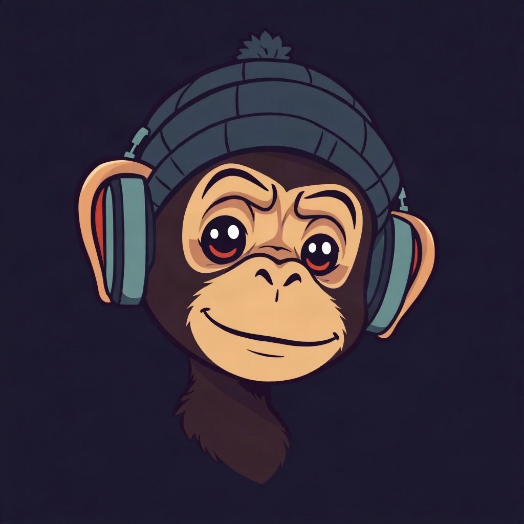 Monkey PFPs — chill monkey with headphones, bold cartoon style, wearing a beanie