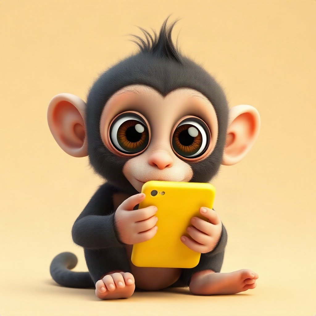 Monkey PFPs — baby monkey with huge eyes, soft 3d render, holding a banana like a phone