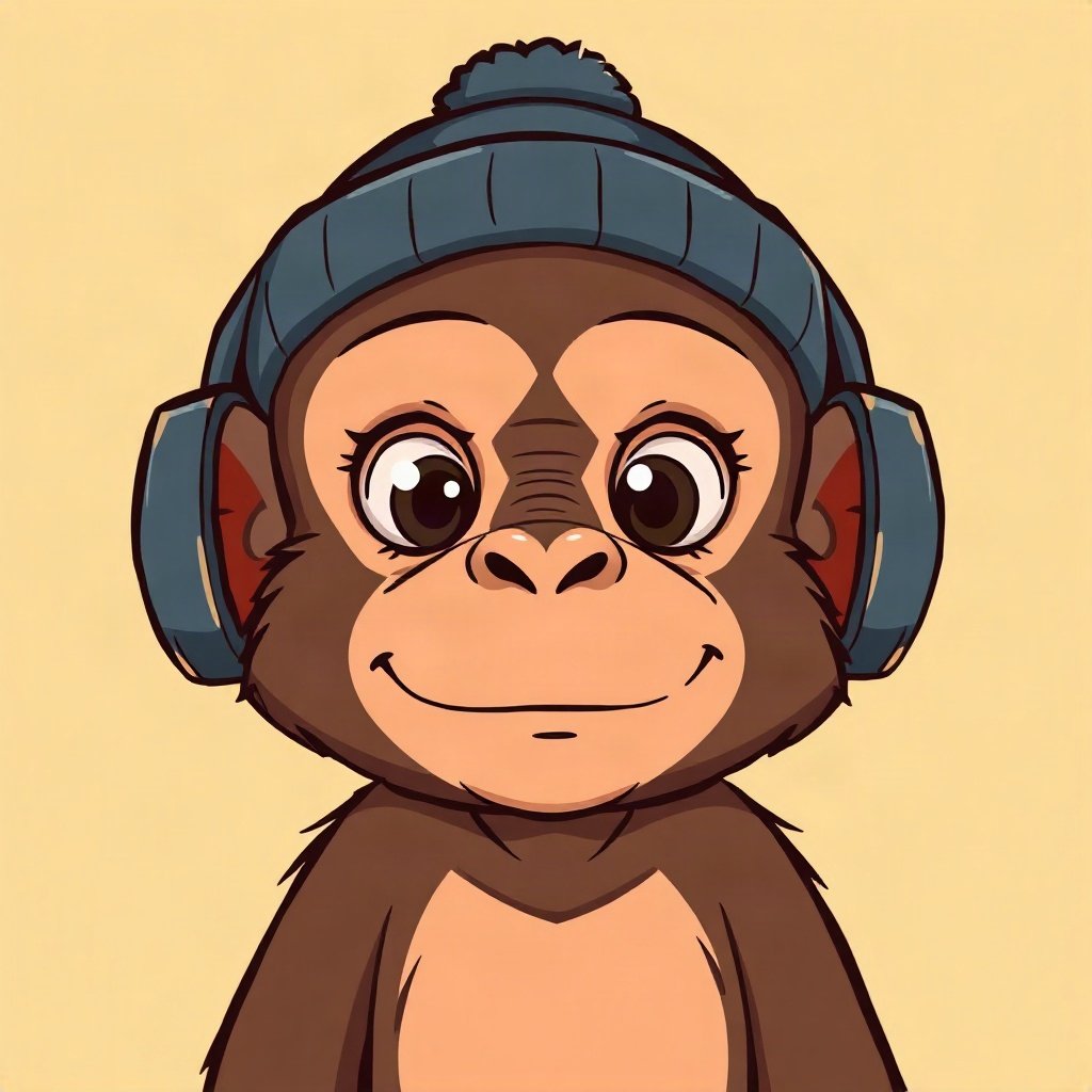 Monkey PFPs — chill monkey with headphones, bold cartoon style, wearing a beanie
