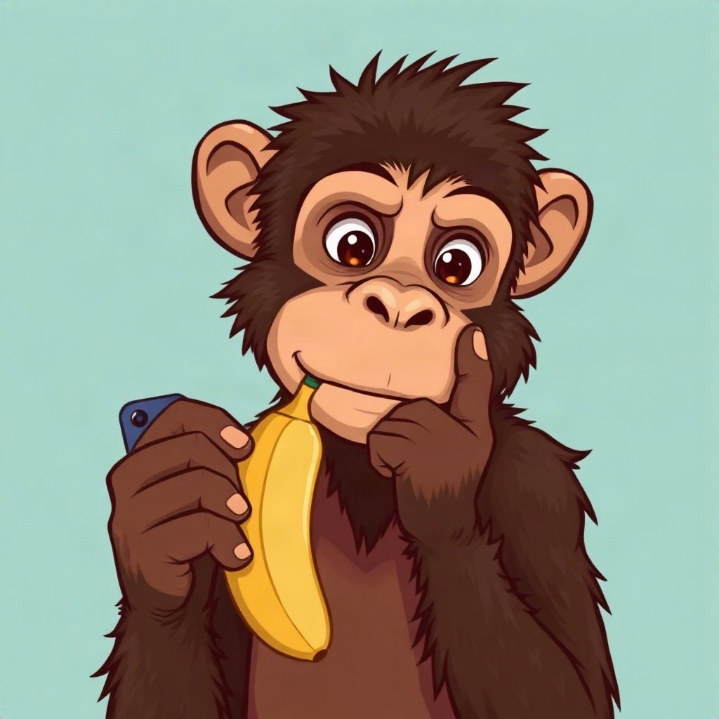 Monkey PFPs — thoughtful monkey chin on hand, bold cartoon style, holding a banana like a phone