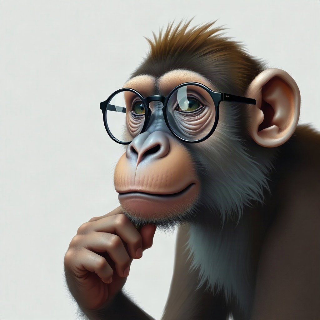 Monkey PFPs — thoughtful monkey chin on hand, digital painting, with round glasses