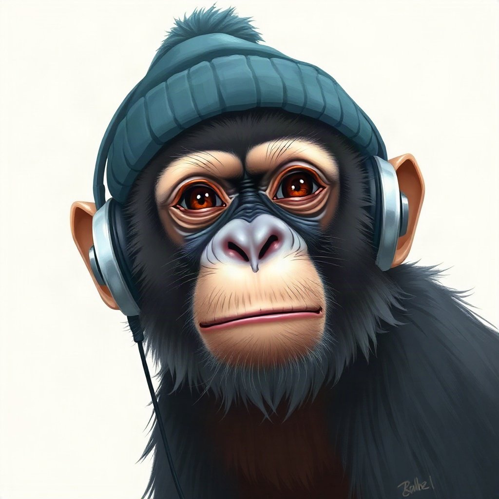 Monkey PFPs — chill monkey with headphones, digital painting, wearing a beanie