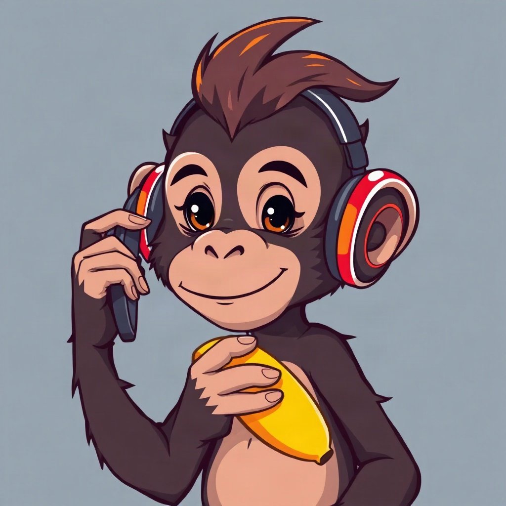 Monkey PFPs — chill monkey with headphones, bold cartoon style, holding a banana like a phone