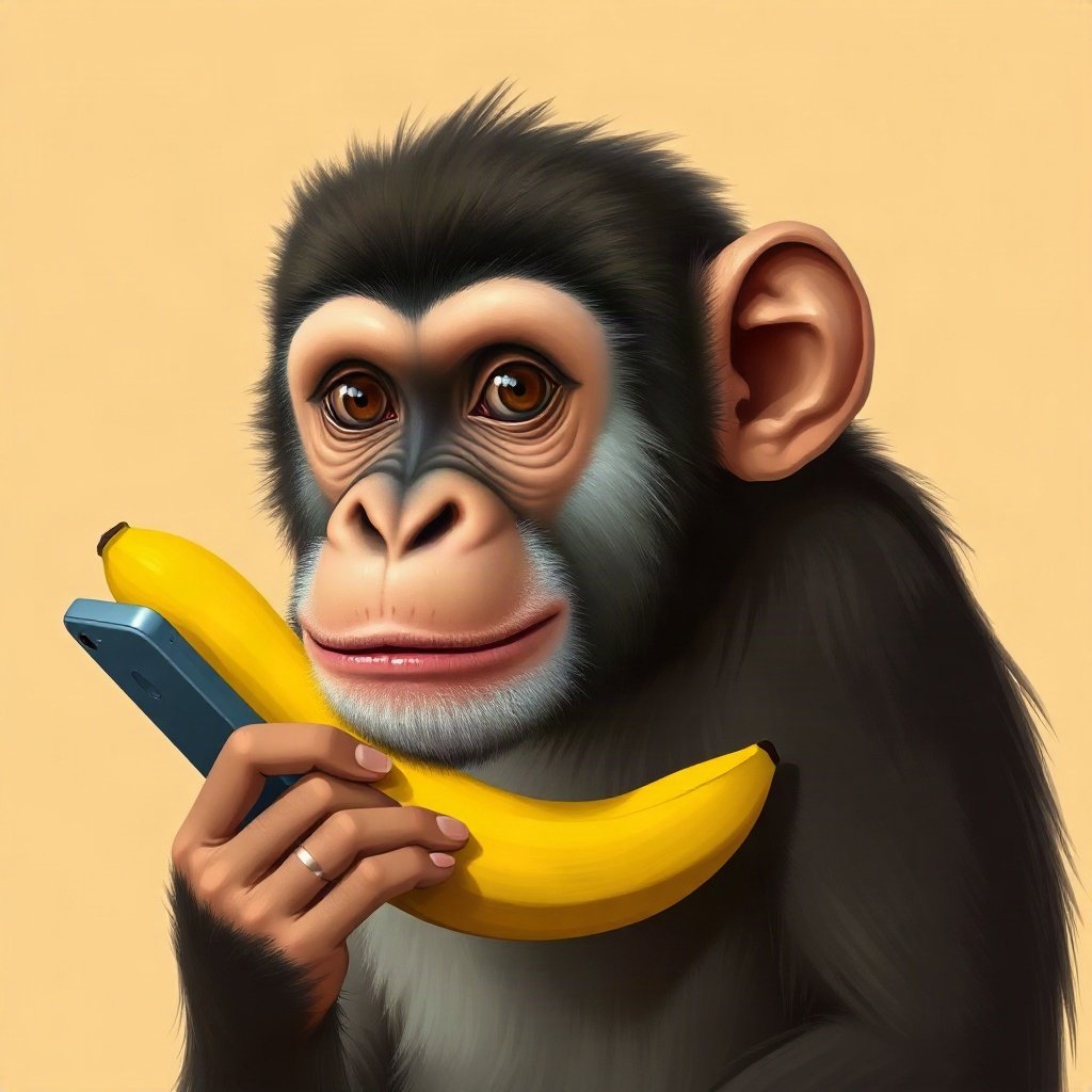 Monkey PFPs — thoughtful monkey chin on hand, digital painting, holding a banana like a phone