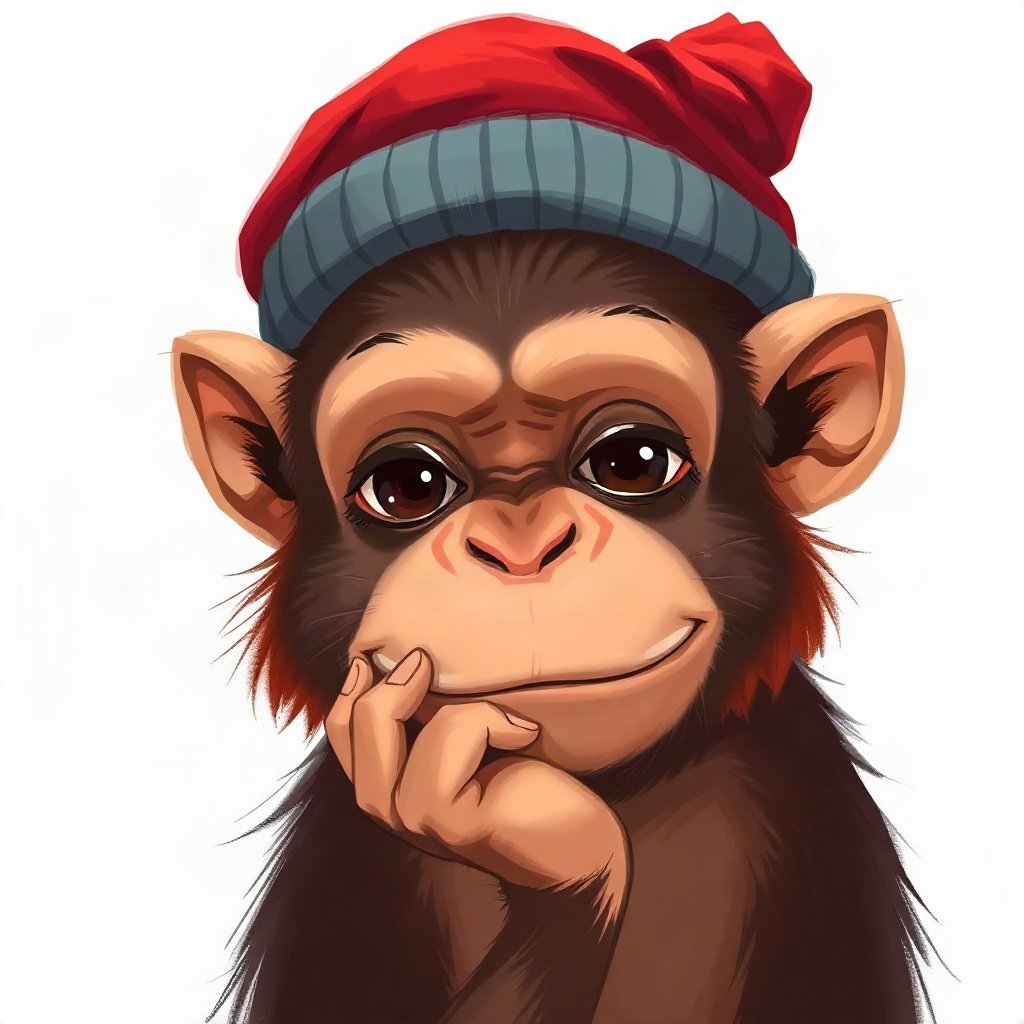 Monkey PFPs — thoughtful monkey chin on hand, digital painting, wearing a beanie