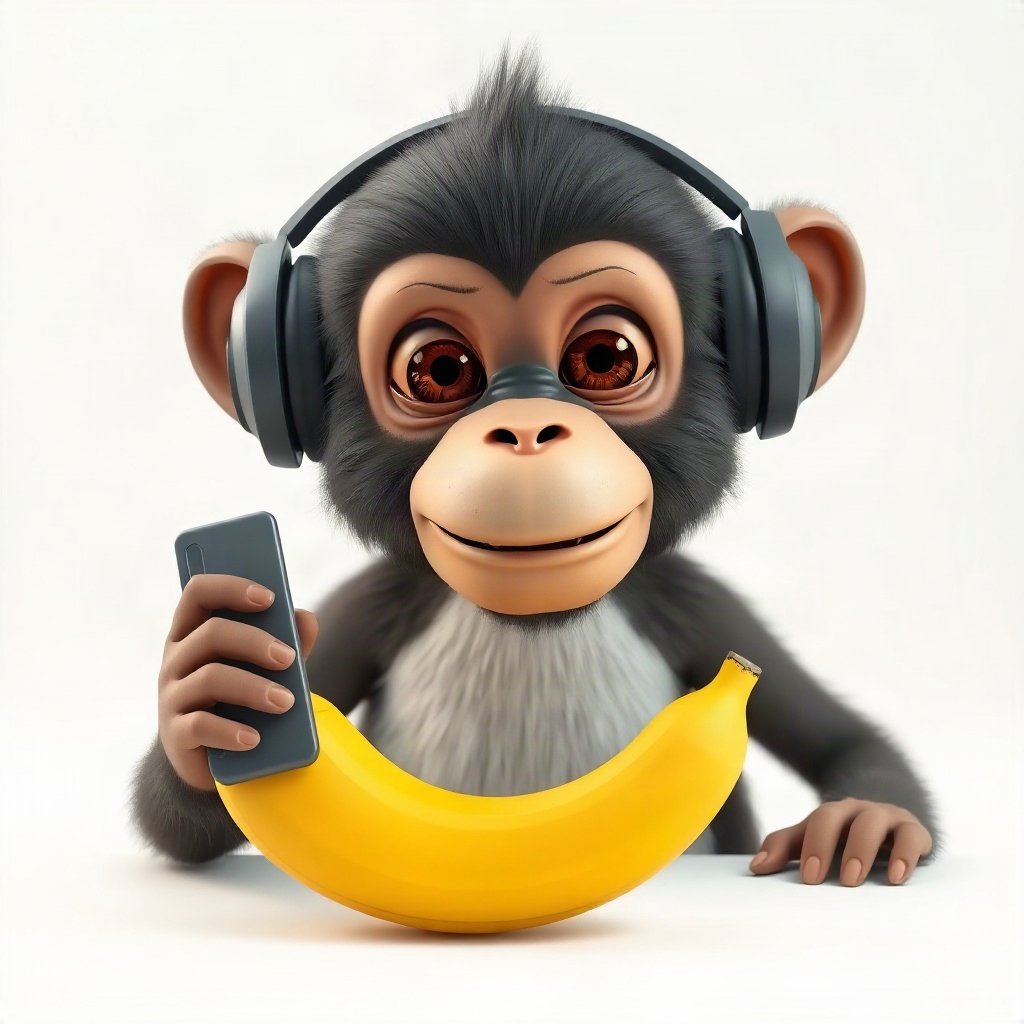 Monkey PFPs — chill monkey with headphones, soft 3d render, holding a banana like a phone