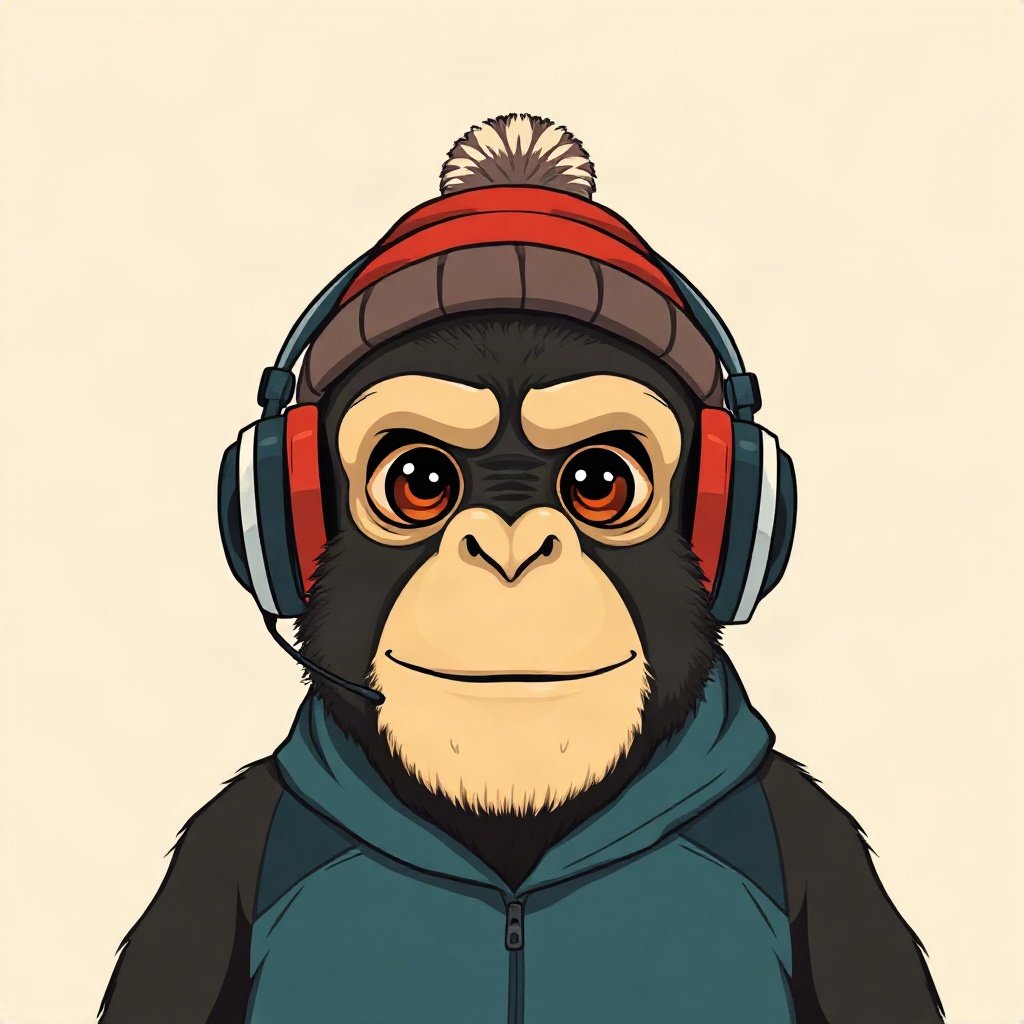 Monkey PFPs — chill monkey with headphones, bold cartoon style, wearing a beanie