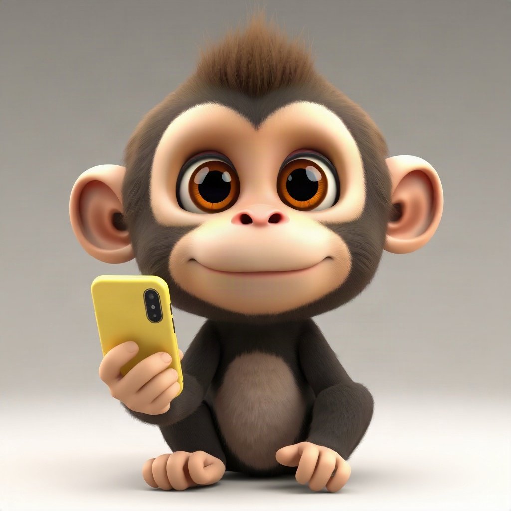 Monkey PFPs — baby monkey with huge eyes, soft 3d render, holding a banana like a phone