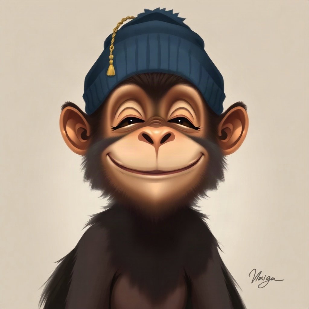 Monkey PFPs — laughing monkey, digital painting, wearing a beanie