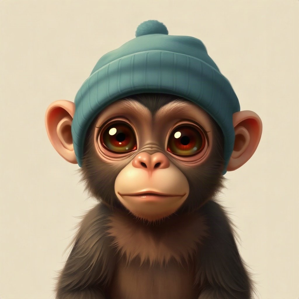 Monkey PFPs — baby monkey with huge eyes, digital painting, wearing a beanie