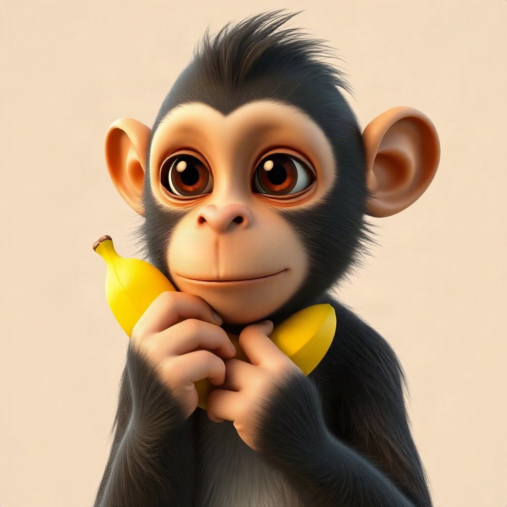 Monkey PFPs — thoughtful monkey chin on hand, soft 3d render, holding a banana like a phone