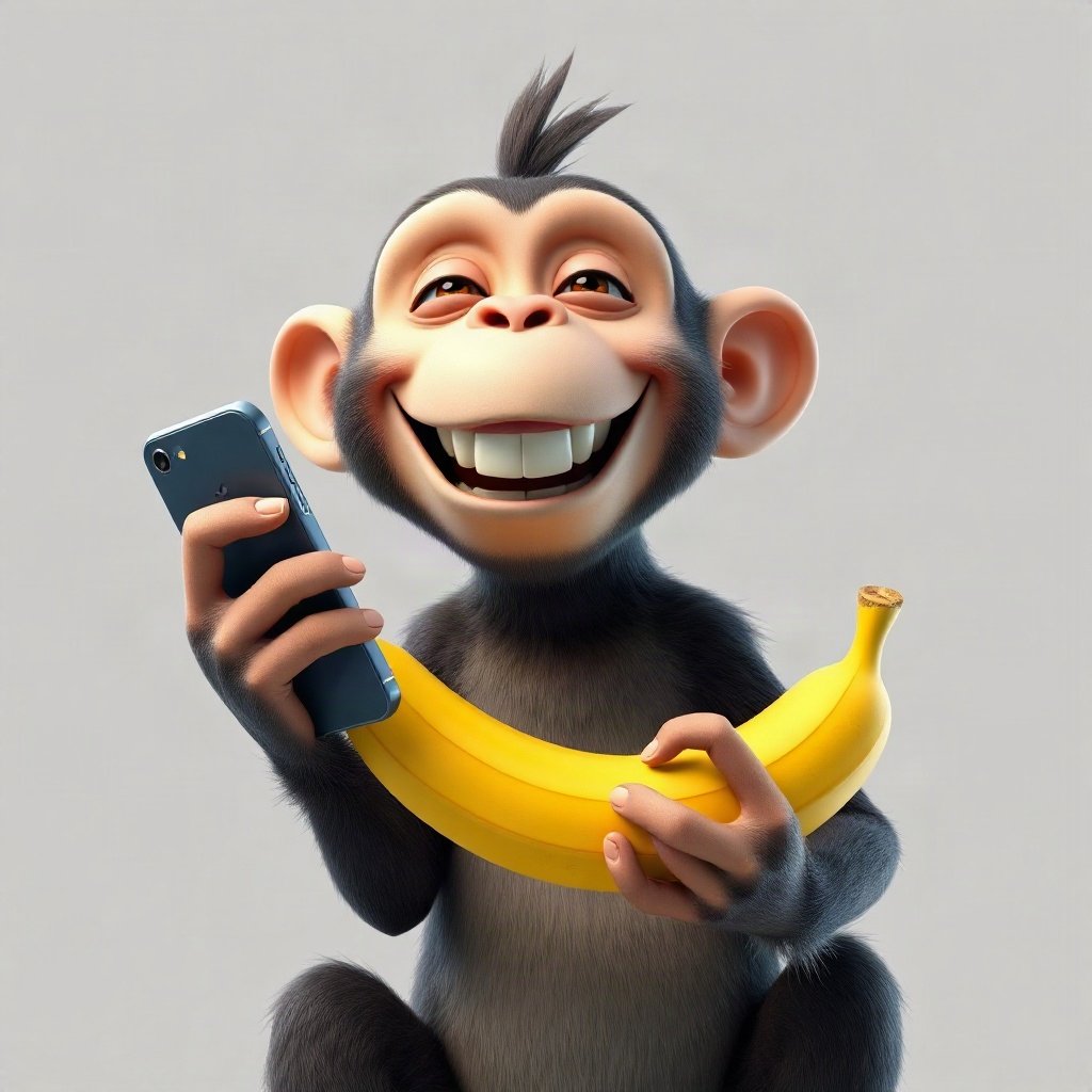 Monkey PFPs — laughing monkey, soft 3d render, holding a banana like a phone