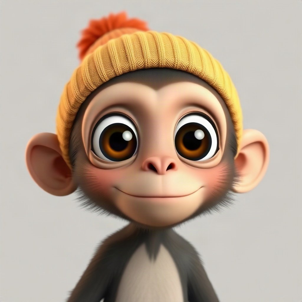Monkey PFPs — baby monkey with huge eyes, soft 3d render, wearing a beanie